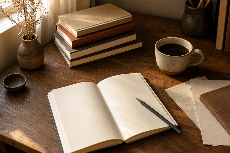 Warm writing desk with books, notebook, and coffee
