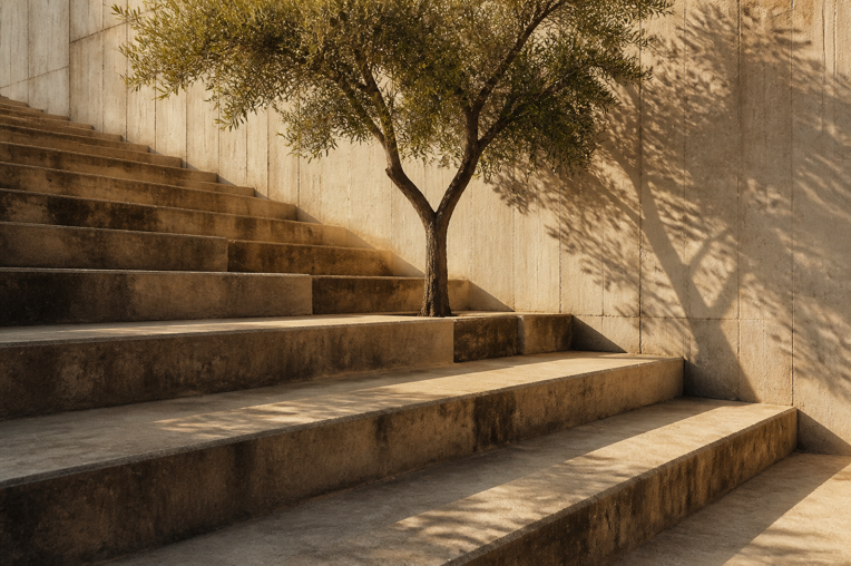 Sunlit concrete steps and a lone tree